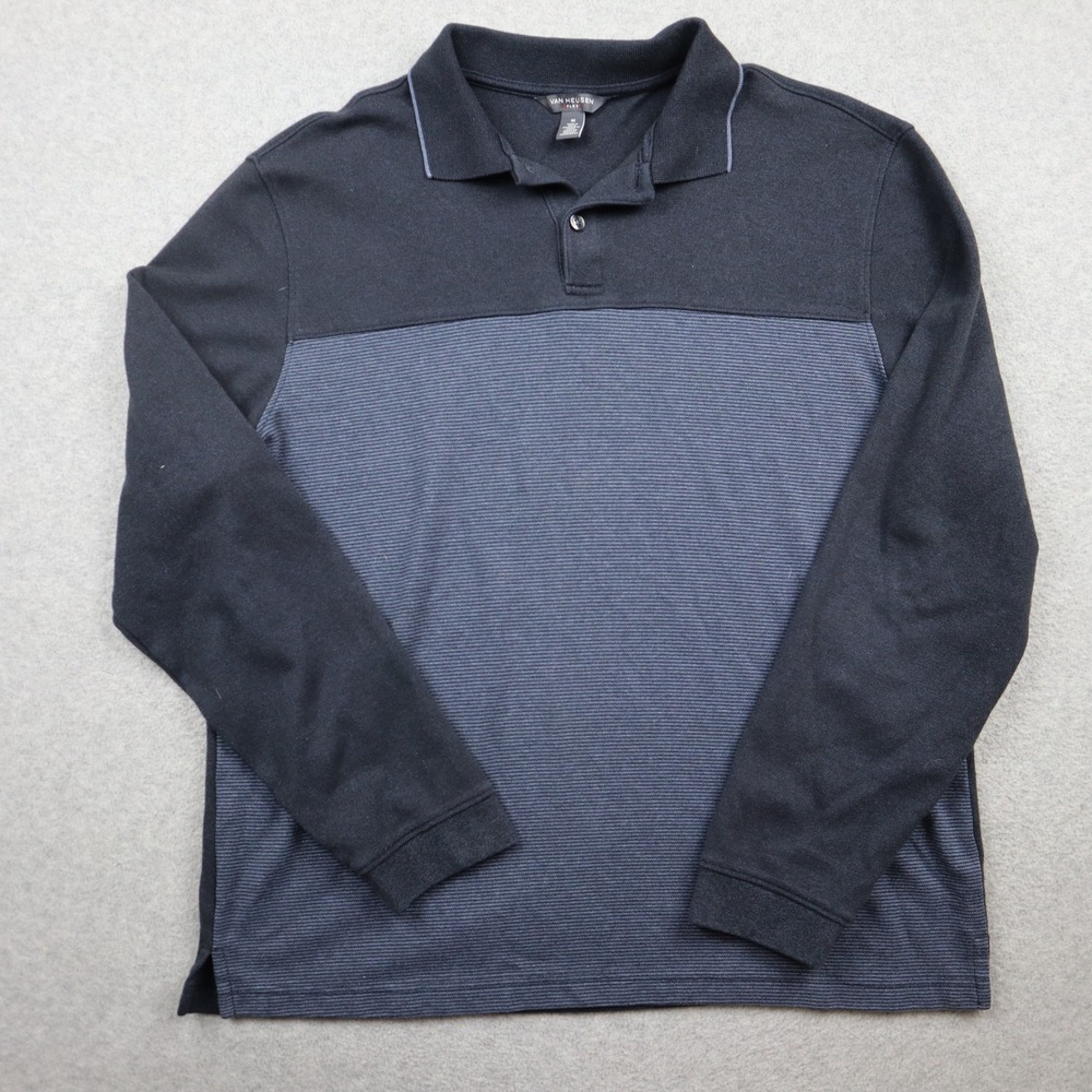 Van Heusen Polo Mens M Flex Black Blue Striped Long Sleeve Colorblock Stretch